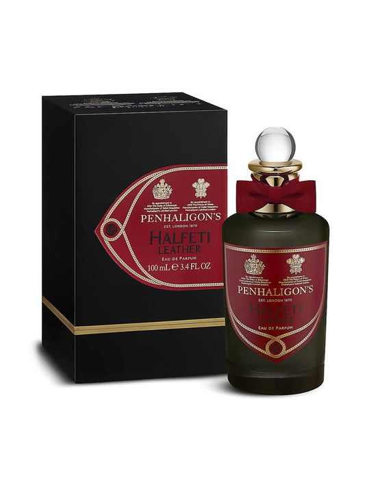 Penhaligon's Halfeti Leather bottle with box on a plain background