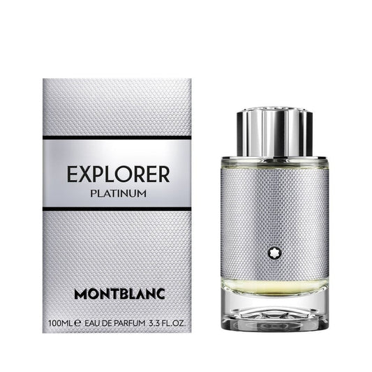 Explorer Platinum By Mont Blanc bottle photographed beside its box
