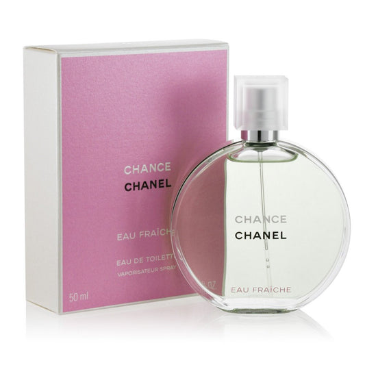 Bottle of Chanel Chance Eau Fraîche shown next to its packaging
