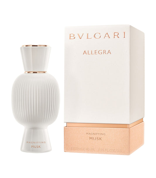 Bottle of Bvlgari Allegra Magnifying Musk Essence shown next to its packaging