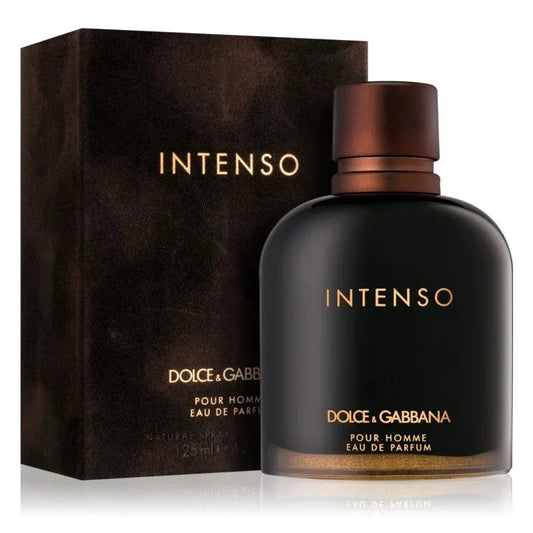 Dolce & Gabbana Intenso Pour Homme bottle photographed beside its box