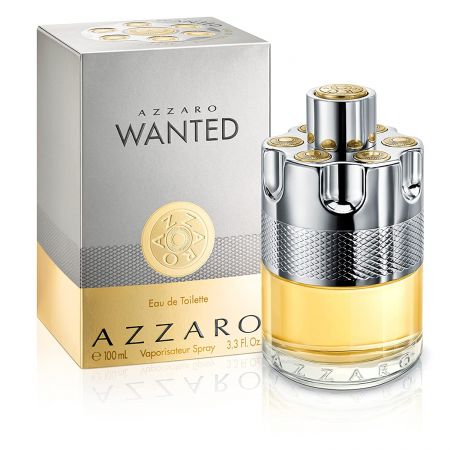 Azzaro Wanted Eau de Toilette bottle with box on a plain background