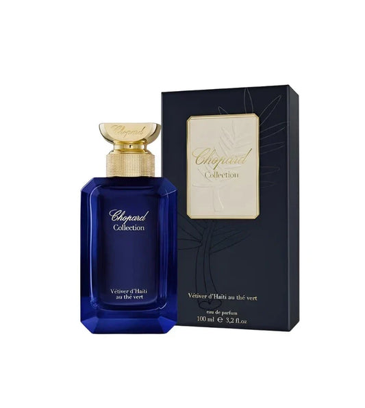 Bottle of Chopard Vetiver d'Haiti au Thé Vert shown next to its packaging