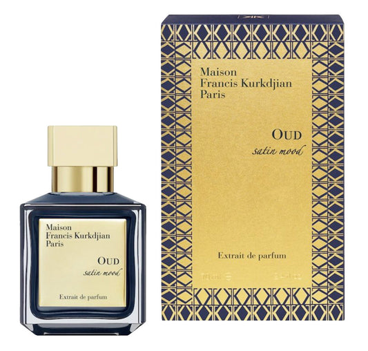 Oud Satin Mood Extrait de parfum By Maison Francis Kurkdjian bottle with box on a plain background