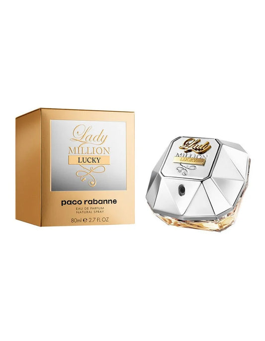 Lady Million Lucky By Paco Rabanne bottle with box on a plain background