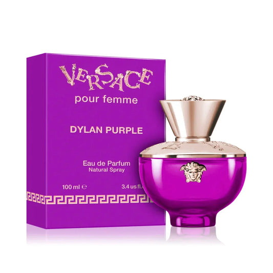 Pour Femme Dylan Purple By Versace bottle photographed beside its box