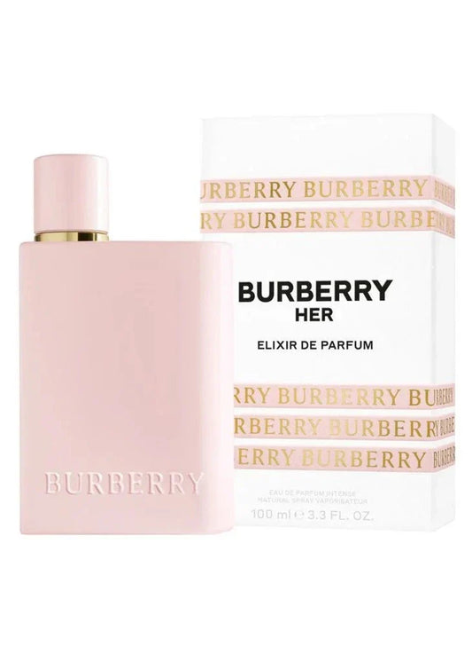 Bottle of Burberry Her Elixir de Parfum shown next to its packaging