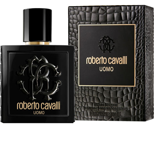 Roberto Cavalli Uomo bottle photographed beside its box