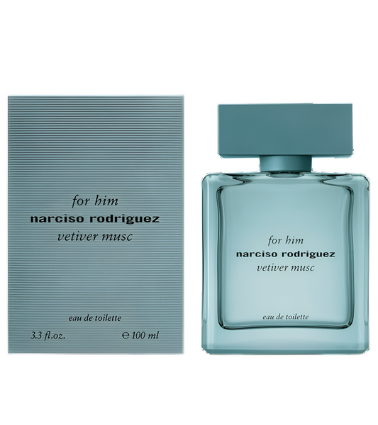 For Him Vetiver Musc Eau de Toilette By Narciso Rodriguez bottle with box on a plain background