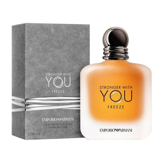 Emporio Armani Stronger With You Freeze bottle photographed beside its box
