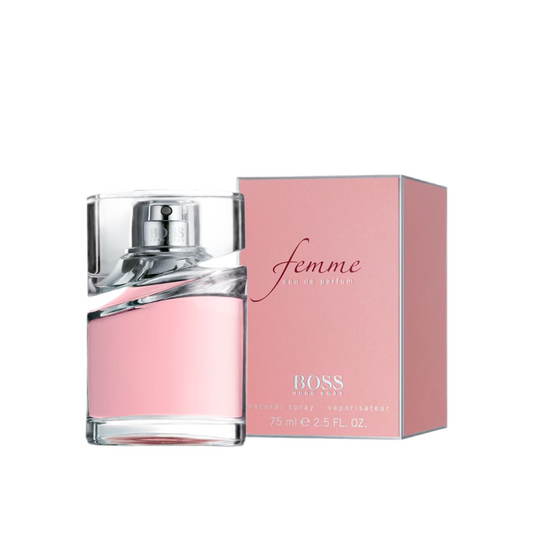 Hugo Boss Femme Eau de Parfum bottle photographed beside its box
