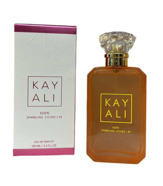 Kayali Eden Sparkling Lychee | 39 Eau de Parfum bottle photographed beside its box