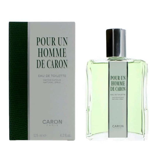 Pour Un Homme by Caron bottle photographed beside its box