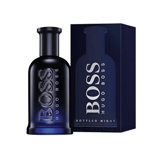 Hugo Boss Bottled Night bottle photographed beside its box