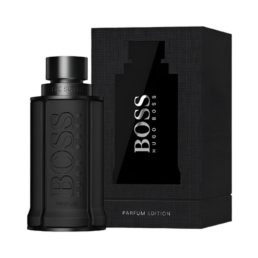 Bottle of Hugo Boss The Scent Parfum Edition shown next to its packaging
