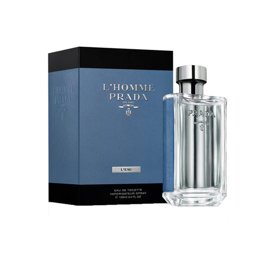 Bottle of Prada L'Homme L'Eau By Prada shown next to its packaging