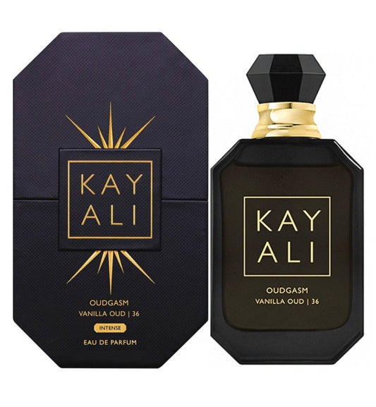 Bottle of Kayali Oudgasm Vanilla Oud | 36 Intense shown next to its packaging