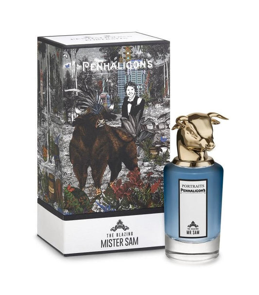 The Blazing Mr Sam By Penhaligon's bottle with box on a plain background