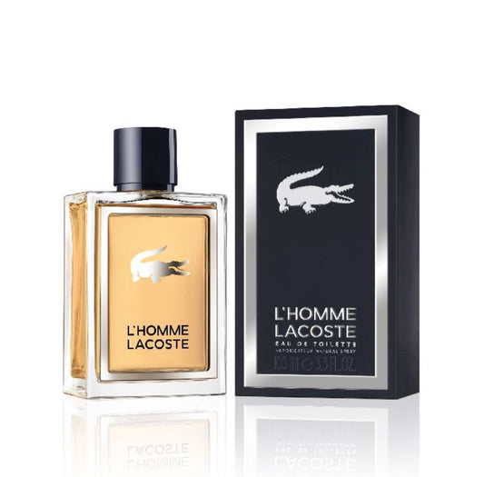 L'Homme Lacoste By Lacoste bottle photographed beside its box