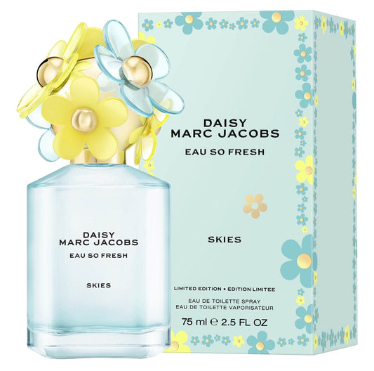 Bottle of Daisy Eau So Fresh Skies By Marc Jacobs shown next to its packaging