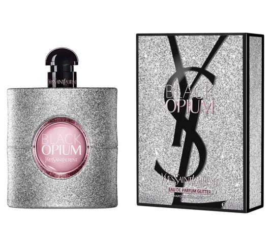 Bottle of Black Opium Glitter By Yves Saint Laurent shown next to its packaging