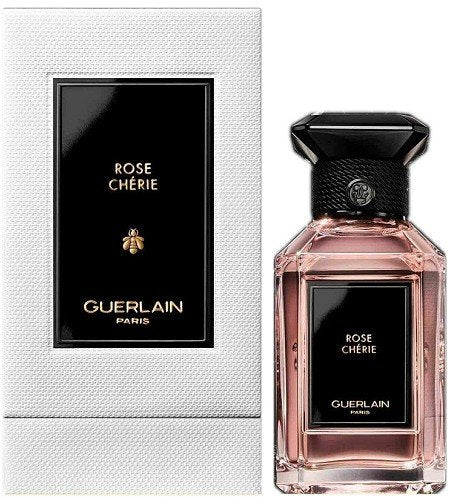 Bottle of Guerlain Rose Chérie shown next to its packaging