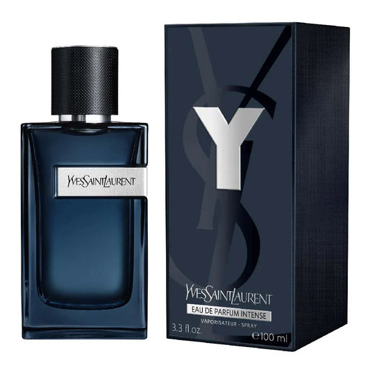 Bottle of Y Eau de Parfum Intense By Yves Saint Laurent shown next to its packaging