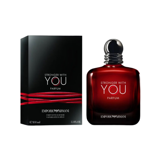 Giorgio Armani Emporio Armani Stronger With You Parfum bottle photographed beside its box