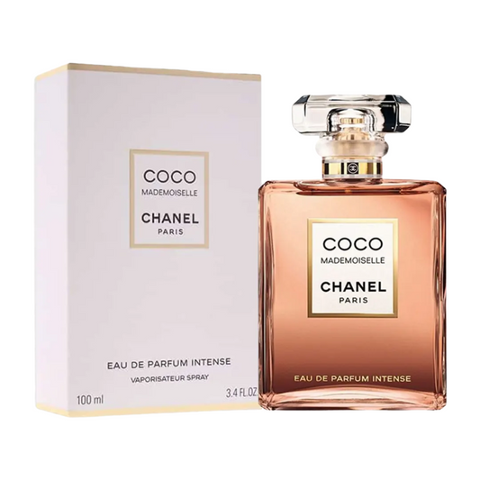Chanel Coco Mademoiselle Intense bottle with box on a plain background