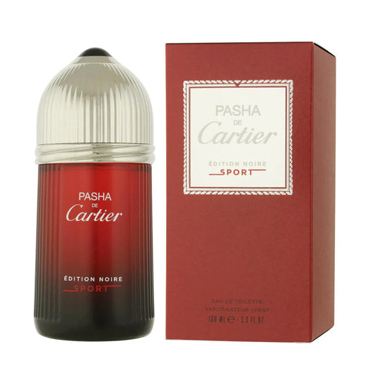 Cartier Pasha de Cartier Edition Noire Sport bottle photographed beside its box