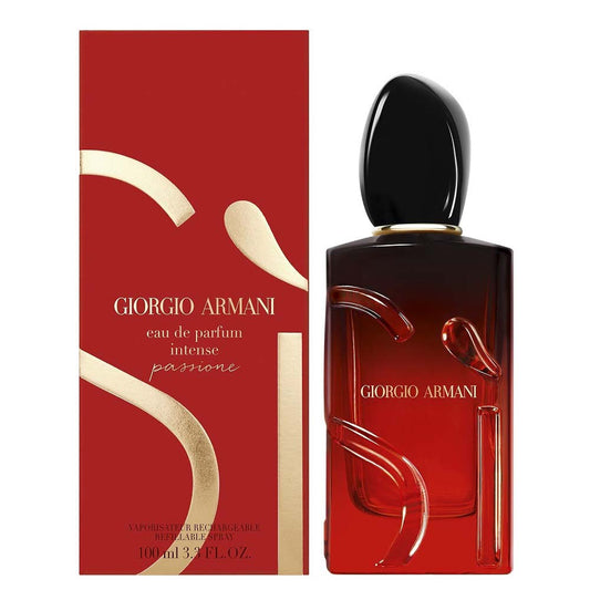 Bottle of Giorgio Armani Sì Passione Intense shown next to its packaging
