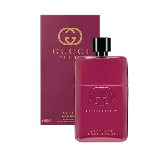 Bottle of Gucci Guilty Absolute Pour Femme shown next to its packaging