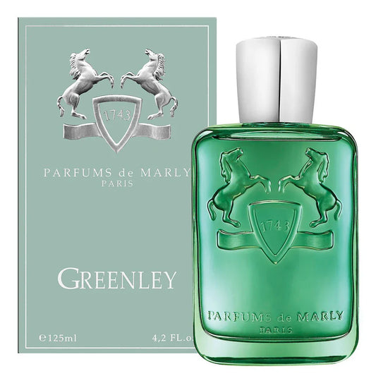 Greenley By Parfums de Marly bottle photographed beside its box