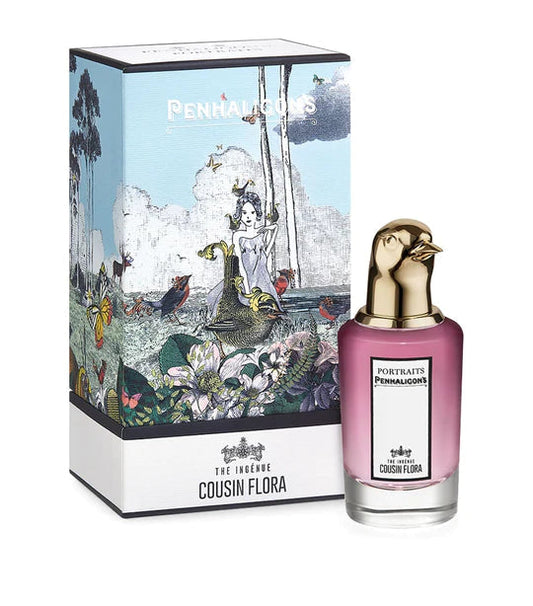 The Ingénue Cousin Flora By Penhaligon's bottle with box on a plain background