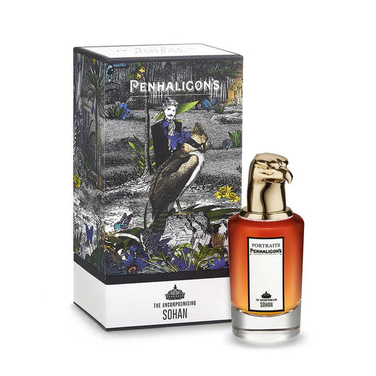 Bottle of The Uncompromising Sohan By Penhaligon's shown next to its packaging