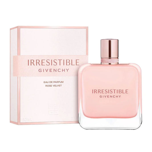 Bottle of Givenchy Irrésistible Rose Velvet shown next to its packaging