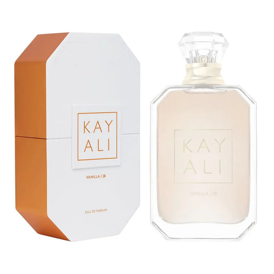 Kayali Vanilla 28 bottle photographed beside its box