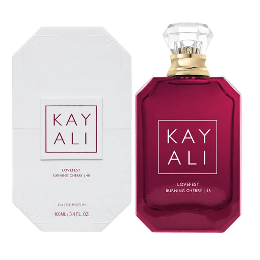 Kayali Burning Cherry 48 Eau de Parfum bottle photographed beside its box
