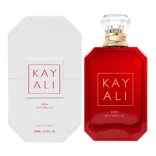 Bottle of Kayali Eden Juicy Apple 01 Eau de Parfum shown next to its packaging