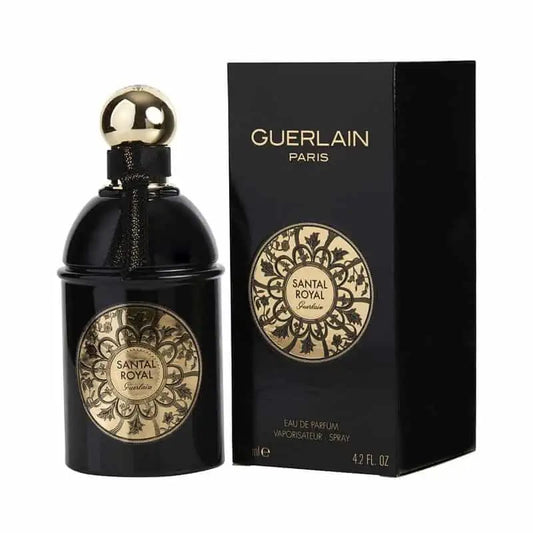 Bottle of Guerlain Santal Royal shown next to its packaging