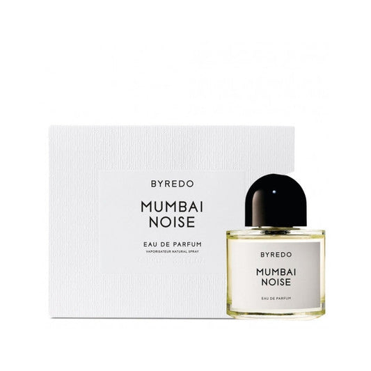 Byredo Mumbai Noise bottle with box on a plain background