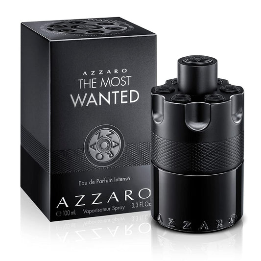 Azzaro The Most Wanted Eau de Parfum Intense bottle with box on a plain background