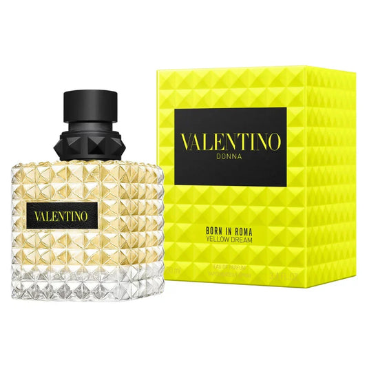 Bottle of Valentino Uomo Born In Roma Yellow Dream by Valentino shown next to its packaging