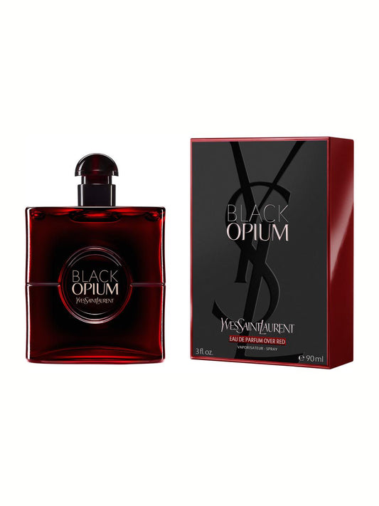 Bottle of Black Opium Over Red by Yves Saint Laurent shown next to its packaging