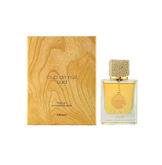 Armaf Club de Nuit Oud Parfum bottle with box on a plain background