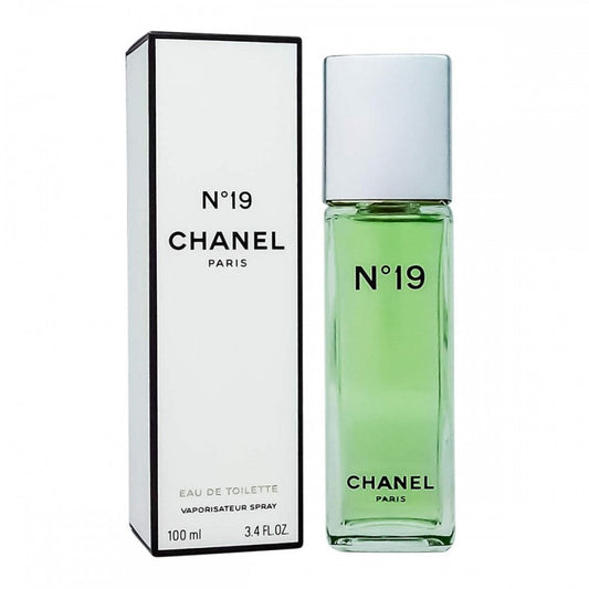 Bottle of Chanel N°19 Eau de Toilette shown next to its packaging