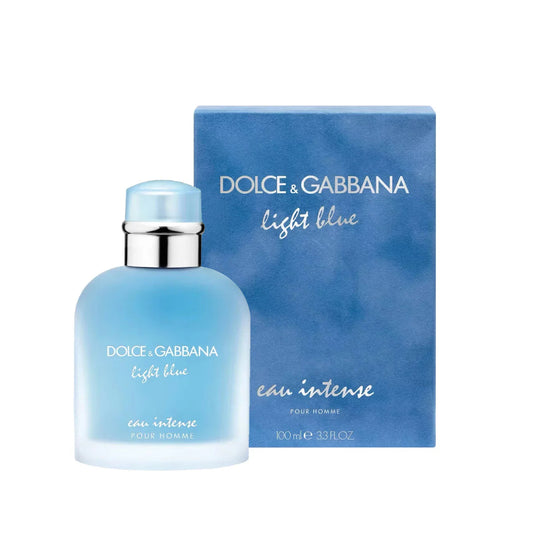 Dolce & Gabbana Light Blue Eau Intense Pour Homme bottle with box on a plain background