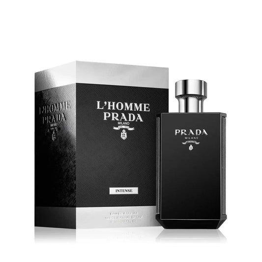 Prada L'Homme Intense By Prada bottle photographed beside its box