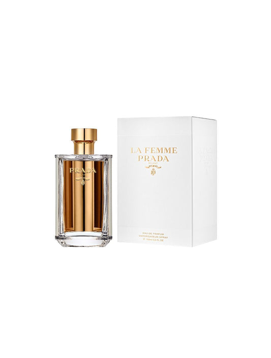 Prada La Femme By Prada bottle photographed beside its box