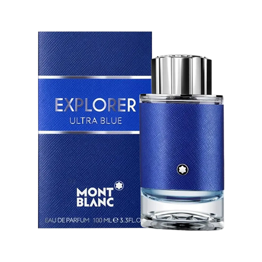 Mont Blanc Explorer Ultra Blue Eau De Parfum Pour Homme bottle with box on a plain background